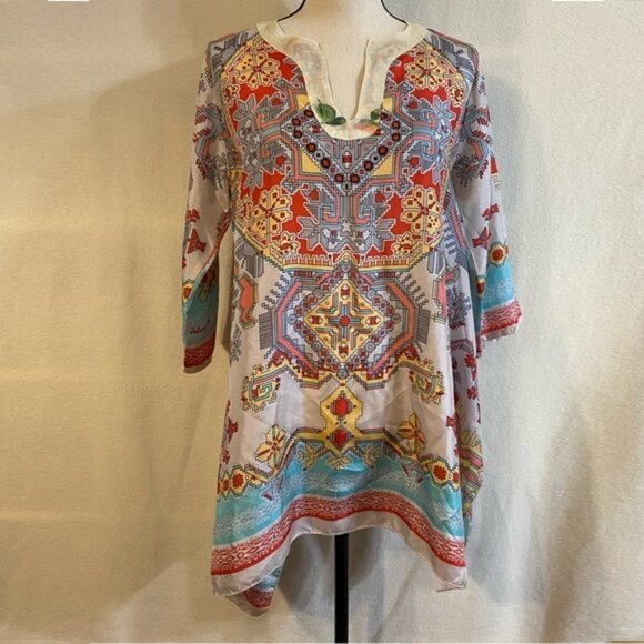 Johnny Was Tops - Johnny Was 100% silk Alamo floral and Indian print geometric tunic top